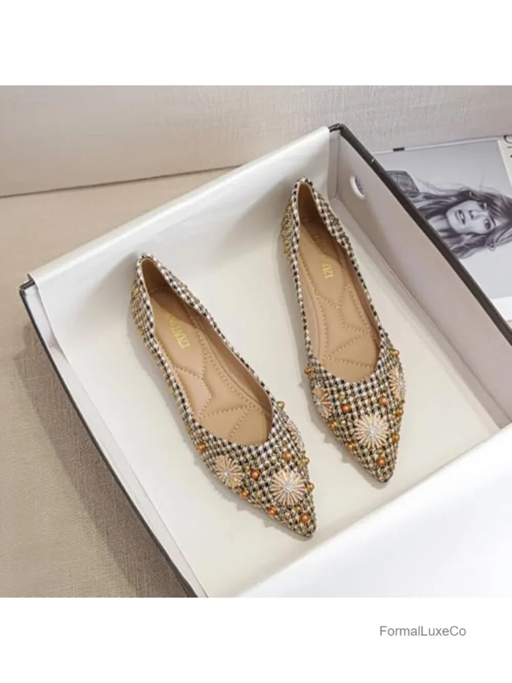 Sparkly Pointed Toe Ballet Flats Memory Foam Low Heel Dress Shoes